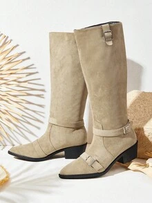 Styleloop Damskie buty z klamrą, szpiczastym noskiem i grubym obcasem, modne i eleganckie - Wielbłąd - Zobacz 1