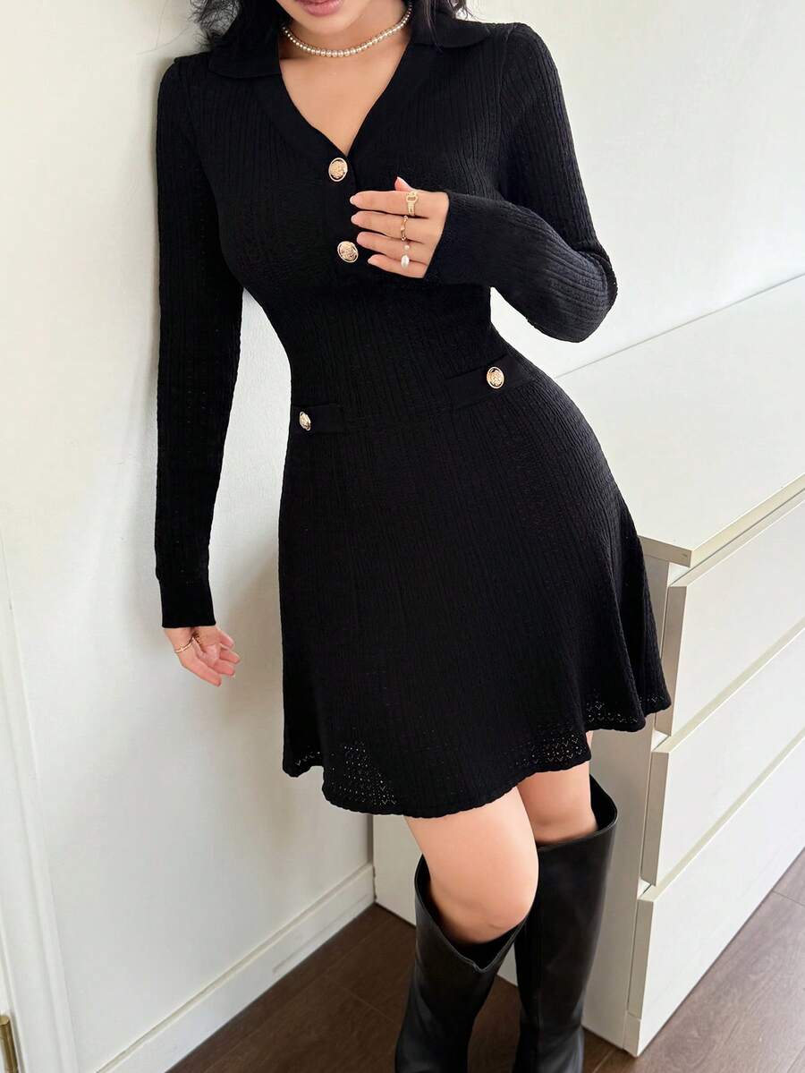 Feyla 女士休闲针织长袖翻领纽扣设计连衣裙，秋冬 - 黑色 - 查看 1