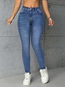 SHEIN Essnce 休闲中腰紧身洗水蓝牛仔裤 - 中等水洗藍 - 查看 3