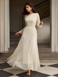 ZEYLAH 亮片不对称腰部超长连衣裙，秋冬