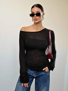 SHEIN Tall T-shirt noir d'automne basique sexy et chic pour femmes, couleur unie, col incliné, manches longues, top décontracté ample et transparent avec épaules dénudées, pour femmes grandes - Noir - Voir 3