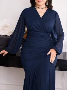 Modelyn Plus Size Elegant Solid Color Lantern Sleeve Dress, Suitable For Party - Navy Blue - View 1