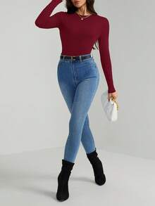 SHEIN Tall 女款純色極簡日常圓領長袖連身衣，秋季 - 酒紅色 - 查看 4