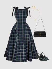 SHEIN MOD 大码复古棕色蝴蝶结领带长裙 - 彩色 - 查看 1