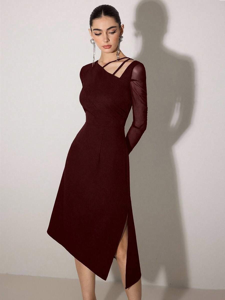 Poshira Women's Asymmetric Cold-Shoulder Elegant Formal Dress, Slim Fit Cocktail Party Black Gown