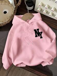 SHEIN EZwear 休闲简约纽约字母图案粉色宽松大码连帽抽绳厚款卫衣，适合秋冬 - 粉色 - 查看 3