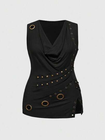 Grunge Punk Plus Size Women Vintage Punk Metal Grommet Decor Draped Neck Asymmetric Hem Fitted Tank Top