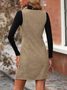 EMERY ROSE 女式秋季灯芯绒休闲通勤无袖拉链修身短款连衣裙 - 卡其色 - 查看 2