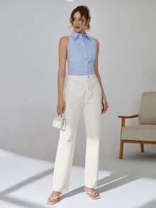 EURMUSE 100%Cotton Slant Pocket Straight Leg Jeans - White - View 5
