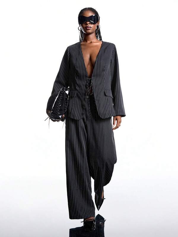 LYSMO Große Größen Modisches Lässig anzug-Set für Damen mit gestreiftem Muster, tiefem V-Ausschnitt, Schleife vorne und weiter Hose, für Frühling/Herbst