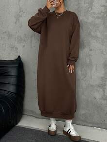 SHEIN EZwear 大码宽松休闲长款羊毛卫衣连衣裙，秋冬 - 棕色 - 查看 3