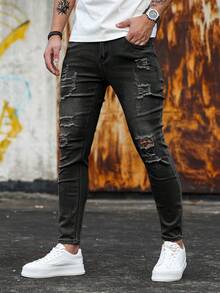 Manfinity LEGND Men's Solid Color Ripped Skinny Pocket Casual Versatile Jeans Men Ripped Frayed Skinny Jeans - Black - View 7