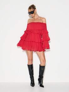 KIZN Off Shoulder Tiered Ruffle Mini Dress With Long Sleeves For Party Evening Occasions - Red - View 5