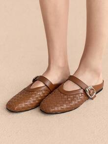 Rosivie Sepatu Selop Datar Wanita, Desain Anyaman Ujung Persegi, Nyaman & Elegan - Coklat - View 2
