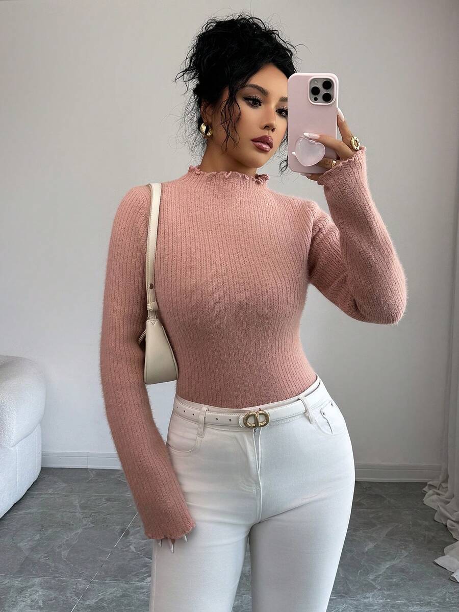 SHEIN Unity Women's Elegant Solid Color Frill Collar Long Sleeve Fitted Sweater - Pink - View 1