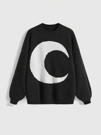 Goth Dark Black Moon Jacquard Knit Sweater For Women, Loose Fit, Korean Design, Unique, Outerwear
