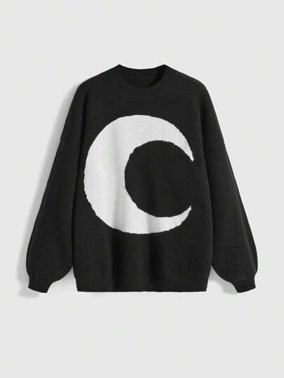 Goth Suéter de punto jacquard con luna negra oscura para mujer, corte holgado, diseño coreano, único, prenda exterior