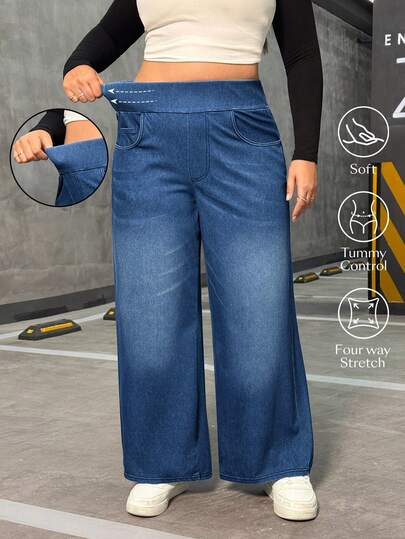 Flexra Plus Size High Stretch Knit Wide Leg Boyfriend Jeans
