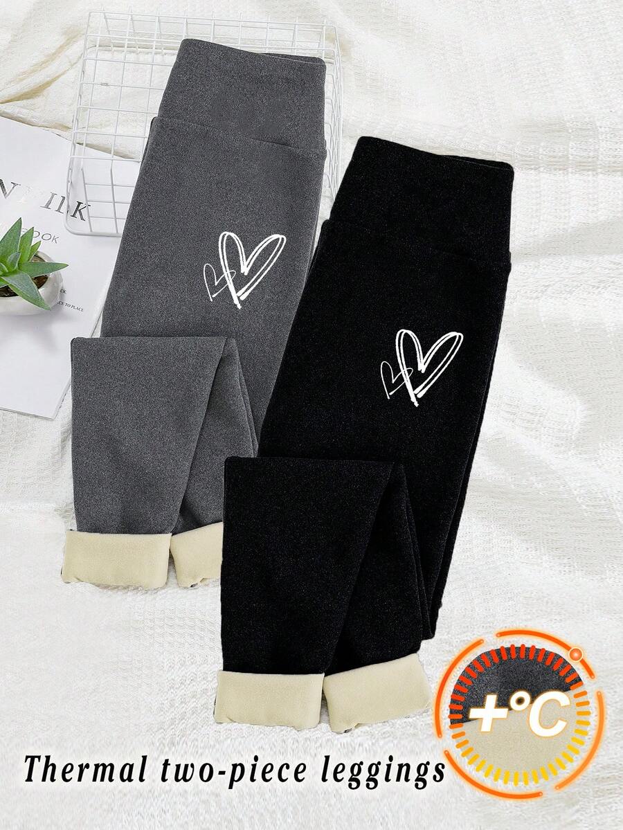 SHEIN 2 件套青少年女孩休闲百搭保暖内衬高腰心形印花打底裤，黑色和灰色，秋冬 - 彩色 - 查看 1
