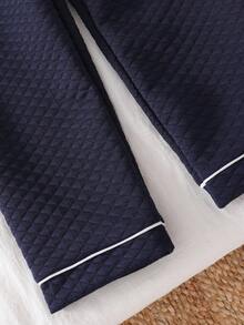 SHEIN Young Boy Navy Blue Quilted Texture Bear Pattern Collar Cardigan & Pants Pajama Set - Royal Blue - View 6