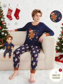 1套青少年男孩圣诞姜饼人印花长袖上衣和裤子睡衣套装