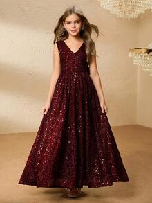 Błyszcząca sukienka z cekinami dla dziewcząt, formalna sukienka na wieczorne przyjęcie, strój na przyjęcie urodzinowe dla dzieci, bożonarodzeniowa sukienka w kolorze czerwonego wina - Burgund - Zobacz 5