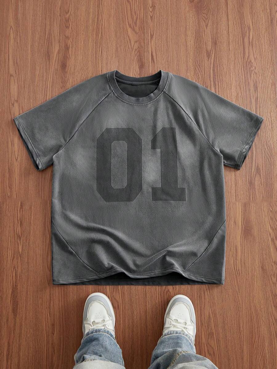 Manfinity VCAY Men's Summer Washed Graphic Print, Black & Grey Round Neck Short Sleeve Casual T-Shirt, Couple Things - Grey - View 1