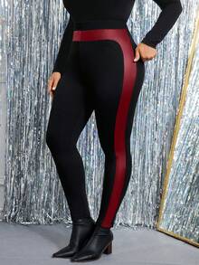 Cravure Plus Size Autumn Fashion Elastic Waist Contrast Color Leggings - Multicolor - View 1