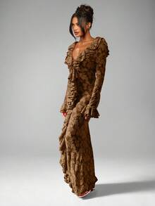 MISSGUIDED Plunge Neck Long Sleeve Ruffle Maxi Dress With Deep V Neckline For Evening Party Wedding Guest - Brown - View 3