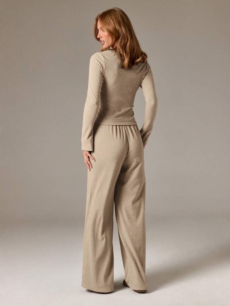 Ribbed Cardigan And Wide Leg Pants Set