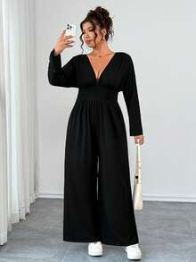 EMERY ROSE 加大码 V 领柔软针织可调节肩部连体裤，腰部有抽绳，舒适休闲、居家、旅行和度假穿着 - 黑色 - 查看 6