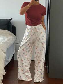 DAZY 2件套女士草莓印花宽松裤和纯色短袖睡衣套装 - 酒紅色 - 查看 3