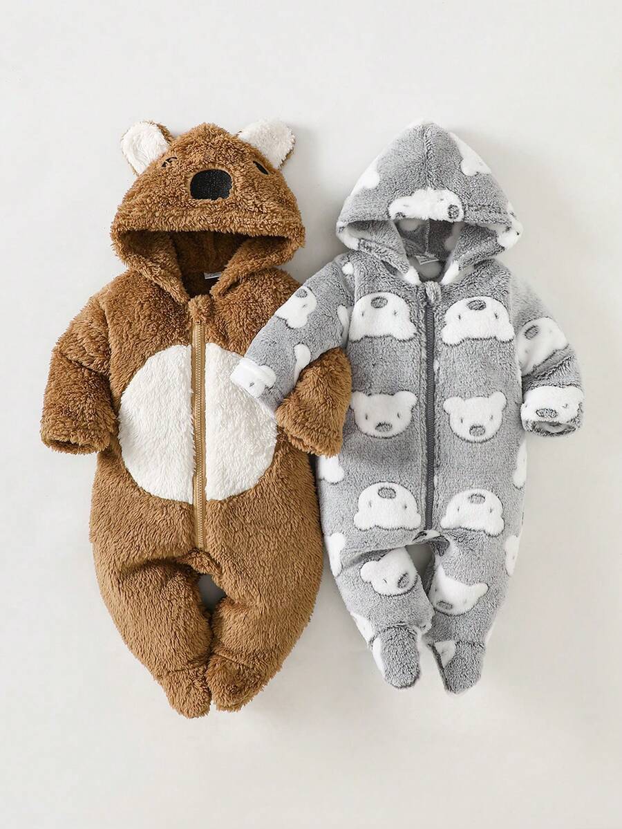 2pcs/Set Newborn Cute Koala Print Embroidered Thick Fleece Long Sleeve Jumpsuit Pajamas, Autumn/Winter - Multicolor - View 1
