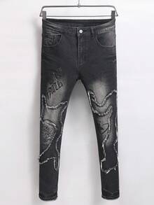 Manfinity Homme Men's Pocket Letter Graphic Frayed Skinny Jeans - Black - View 1