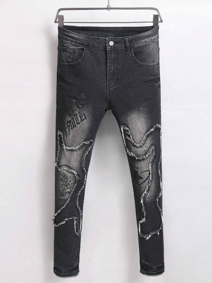 Manfinity Homme Men's Pocket Letter Graphic Frayed Skinny Jeans - Black - View 1