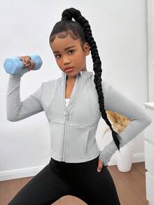 SHEIN Áo khoác nhẹ có khóa kéo cho bé gái tuổi teen, Áo khoác thể thao thoáng khí dùng để chạy bộ, tập gym, yoga, quần áo cho mọi mùa thu đông - Màu Xám nhạt - Xem 4