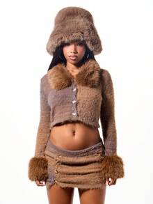 SUMWON WOMEN Fluffy Knit Cropped Cardigan With Fur Collar And Cuff Trim Button Front Winter Sweater - Brown - View 3