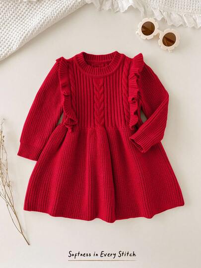 Cozy Pixies Baby Girl Christmas Solid Color Round Neck Ruffle Hem Long Sleeve Waist Fitted Knit Sweater Dress Autumn Winter Clothes For Women