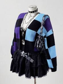 Sunspun Áo len cardigan tay dài hở trước họa tiết kẻ caro Halloween cỡ lớn cho nữ, mùa thu/đông - Nhiều màu - Xem 6