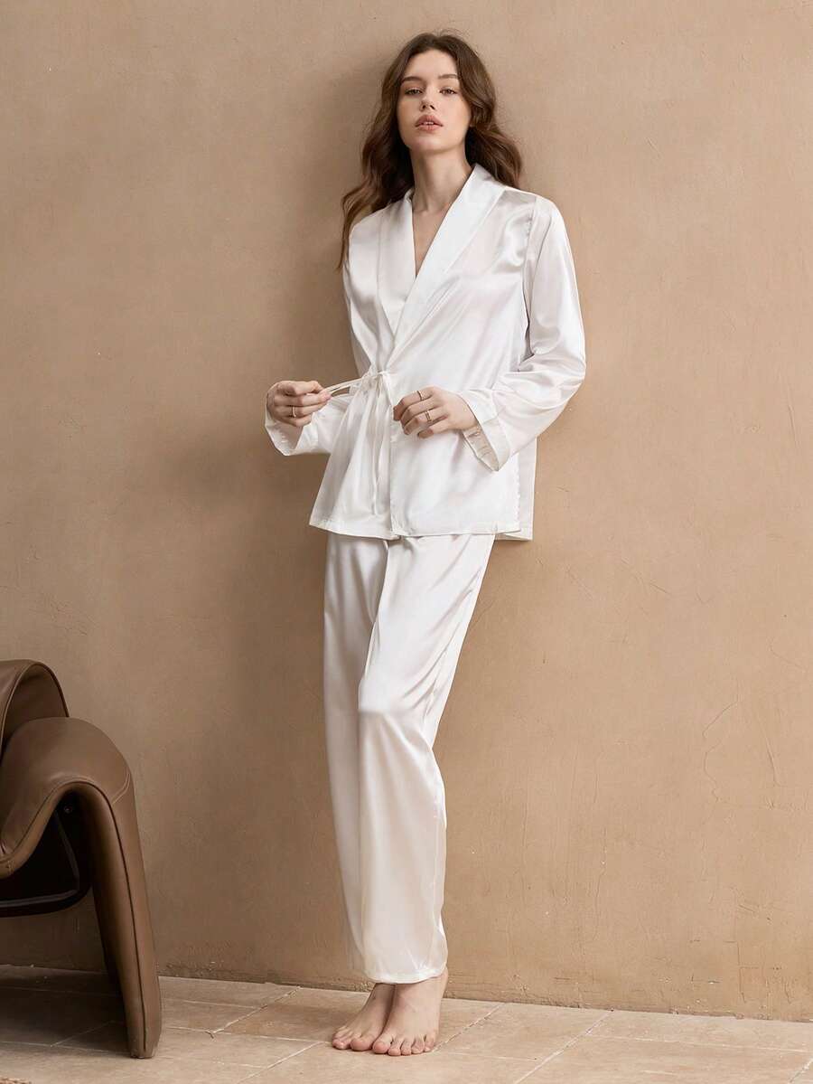 EverLounge 秋季两件套缎面系带长袖上衣和裤子女士睡衣套装 白色 Old Money，秋冬服装 - 杏色 - 查看 1