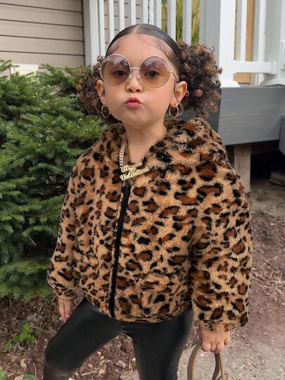 超大休闲蓬松心形拉链长袖宽松夹克幼儿动物印花夹克小女孩夹克女童豹纹夹克小女孩皮草夹克猎豹印花小女孩圣诞节秋冬装女士