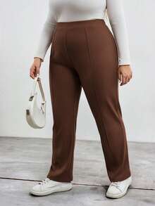 SHEIN CURVE+ Curve Plus High Waist Black Straight Leg Pants - Brown - View 6