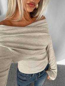 Aloruh Women's Simple Solid Color Pleated Fitted Long Sleeve T-Shirt For Daily Wear, Autumn & Winter