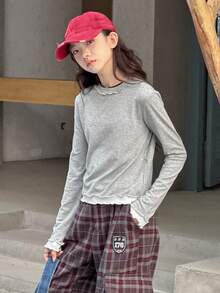 DAZY Teen Girl Basic Layering T-Shirt With Frill Trim Design, Autumn - Grey - View 3