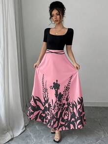 Rafferiza Đầm tay ngắn in họa tiết kiểu qipao thắt eo thanh lịch dành cho nữ - Hồng - Xem 6