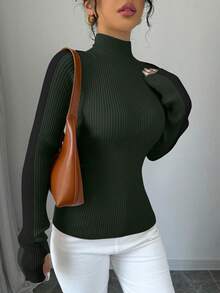 Selianne Top de punto minimalista con cuello alto, mangas raglán y costillas para mujer - Verde militar - Ver 3