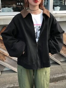 FRIFUL 女士休闲蓬松牛仔翻领夹克 - 藍色 - 查看 1