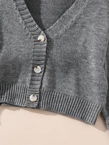 SHEIN 青少年女孩纯色V领长袖纽扣前开衫和裤子套装