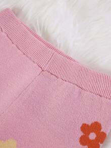 SHEIN 2pcs Baby Girls Floral Print Knit Cardigan Sweater And Wide Leg Pants Set, Casual, Comfortable, Versatile, Suitable For Everyday Wear, Autumn/Winter - Pink - View 10