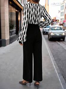 SHEIN Clasi 女式V领条纹长袖阔腿优雅连体裤 - 黑色 - 查看 2